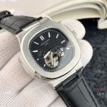 Patek Philippe Nautilus Tourbillon Copy Watch SS Black Leather Strap